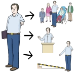 Der Landesbehindertenbeauftragte wird hier mit einer Beeinträchtigung des linken Arms dargestellt. Daneben sind drei kleinere Bilder zu sehen, bei denen der Beauftragte auf eine Rampe zeigt, an einem Rednerpult steht sowie vor eine Menschenmenge steht.