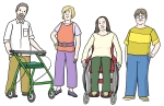 Vier Menschen stehend nebeneinander. Eine Person sitzt im Rollstuhl und eine Person nutzt einen Rollator.