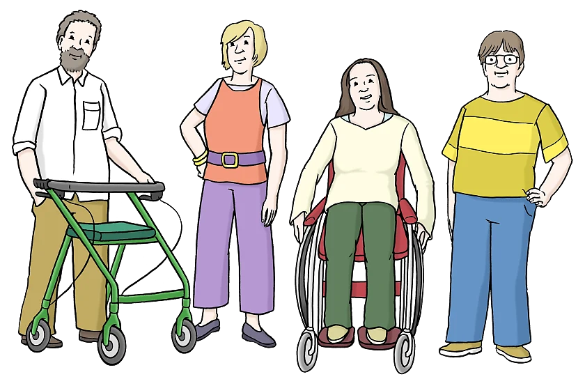 Vier Menschen stehend nebeneinander. Eine Person sitzt im Rollstuhl und eine Person nutzt einen Rollator.
