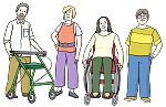 Vier Menschen stehend nebeneinander. Eine Person sitzt im Rollstuhl und eine Person nutzt einen Rollator.