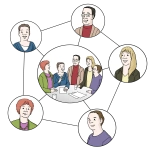 Auf dem Bild sind verschiedene Gesichter zu sehen, die durch Striche miteinander verbunden sind. In der Mitte sieht man eine Gruppe.