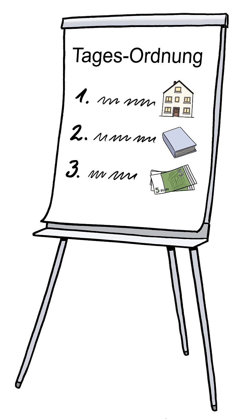 Flip-Chart mit der Überschrift Tagesordnung